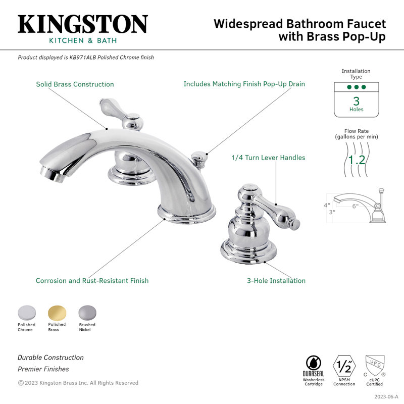 Kingston Brass Victorian Two-Handle 3-Hole Deck Mount Widespread Bathroom Faucet with Brass Pop-Up Drain, Polished Brass