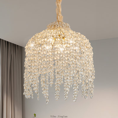 Lustre suspendu en cristal à 5 ​​lumières de 40 cm (16 po), design élégant en cascade avec guirlande de perles de cristal en forme de raisin, fini doré, idéal pour le salon, la chambre ou la salle à manger. Ampoules non incluses.
