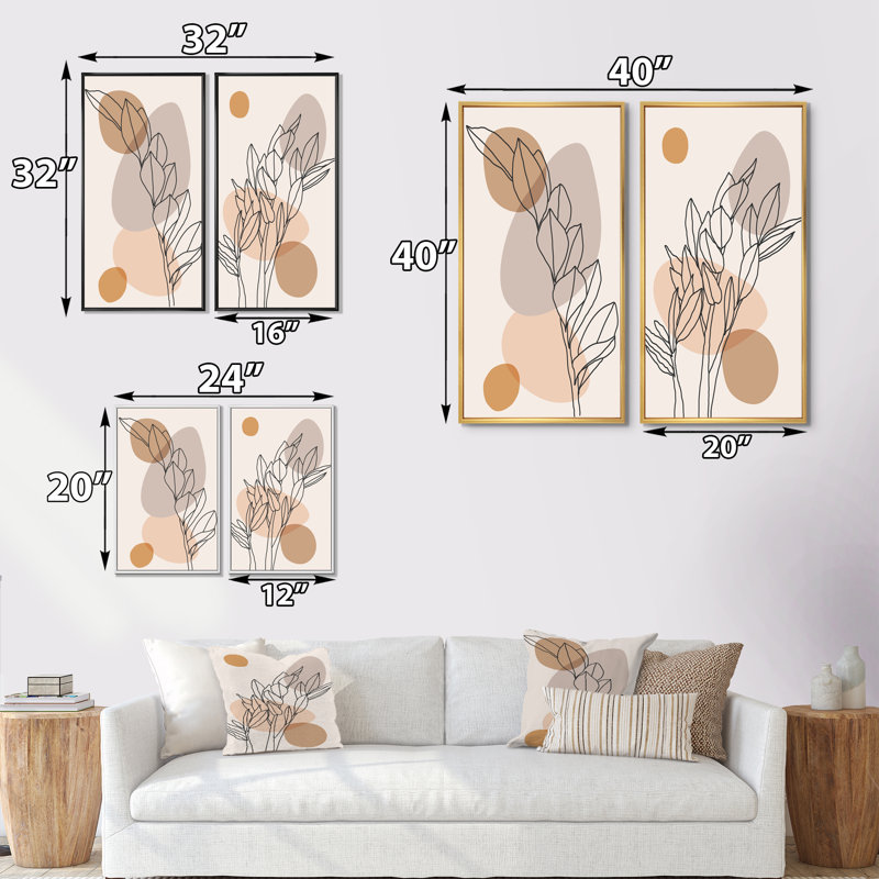 «Beige Botanical Abstract Leaves II», ensemble de 2 peintures, H 20 po x l 24 po x P 1 po, Cadre brun
