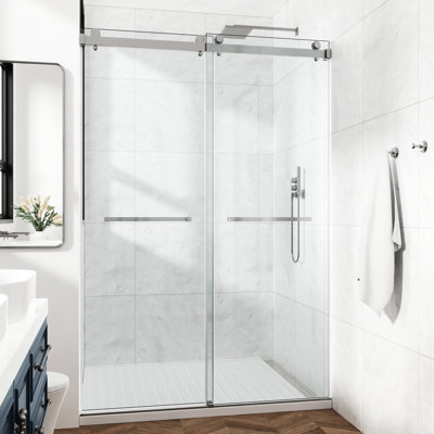 Porte de douche double de 76 po de largeur, 48 po de profondeur, verre trempé 3/8 10 mm, acier inoxydable nickel brossé, nickel acier coulissant de luxe, optimisation de l'espace