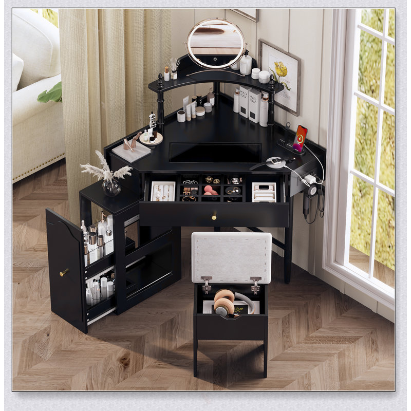 Ensemble de coiffeuse d'angle avec rangement, tabouret rembourré et station de charge, bureau de maquillage triangulaire avec armoire latérale amovible