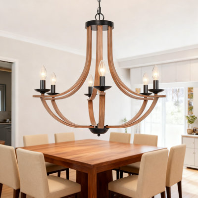 6-Light Farmhouse Chandelier With Adjustable Height, Rustic Faux Wood Texture And Dimmable Candle Lights For Kitchen Island Dining Room Living Room