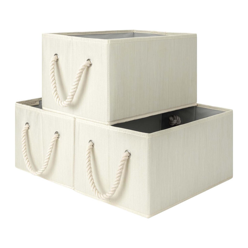3 Pack Storage Baskets – Foldable Fabric Closet Organizer, Large, Beige White Ivory, Bedroom Closet