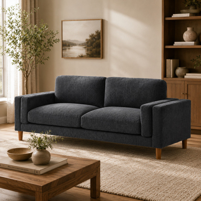 Beige Corduroy Upholstered Square Arm Sofa with Wood Legs, Gris foncé
