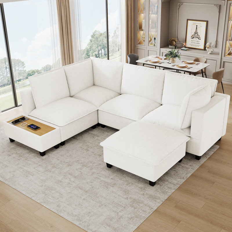 6 - Piece 90'' Upholstered U-Shape Sectional, White Chenille