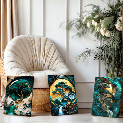3 pièces d'art mural encadré, pin vert abstrait, art mural sur toile avec des accents dorés et des éléments naturels, décoration moderne pour le salon, la chambre à coucher, le bureau, le bureau, ensemble de 3 impressions botaniques élégantes