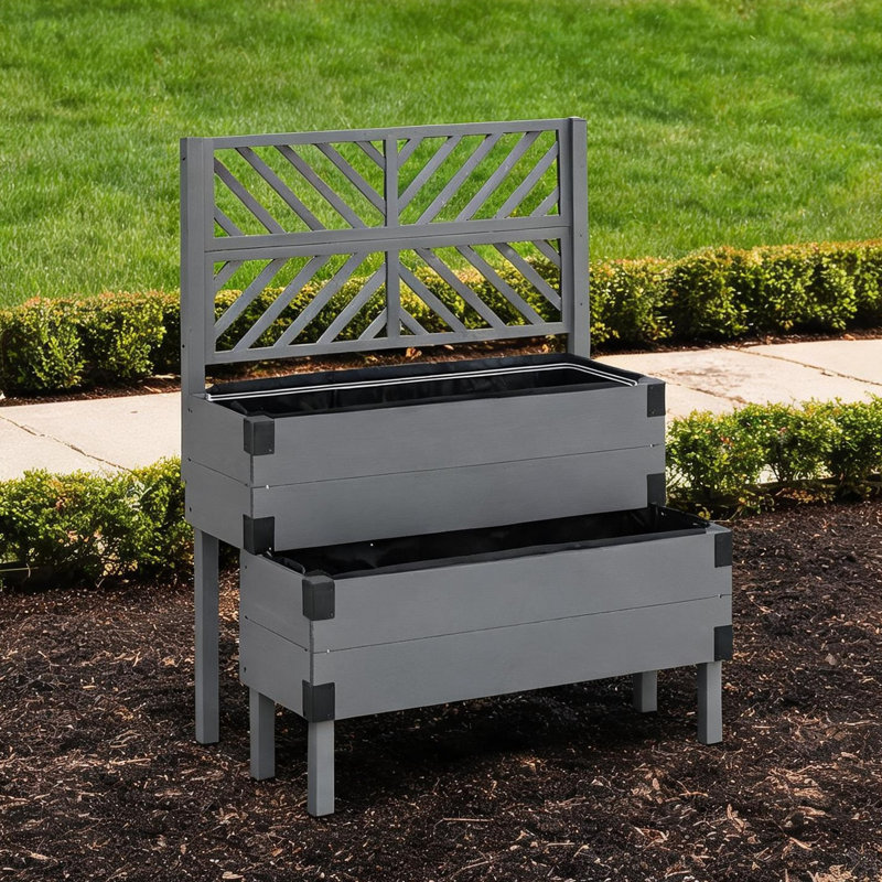 Solution de plantation surélevée : jardinière surélevée en bois de sapin avec treillis, couleur gris neutre, pour terrasse extérieure.