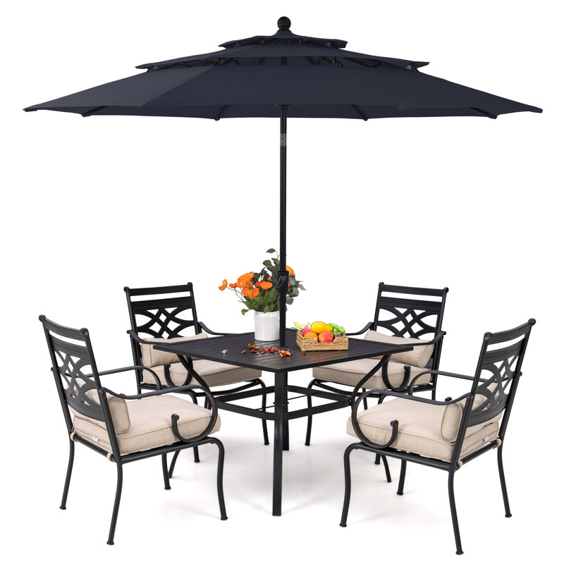 Leonard 4 - Person Patio Dining Set with Square Table , Cushions Included, Navy, Yes