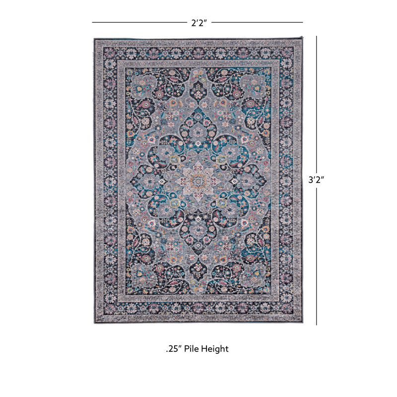 Breedlove Traditional Machine Woven Flatweave Gray and Blue Area Rug with Non Skid Backing, Rectangle 2'2" x 3'2"