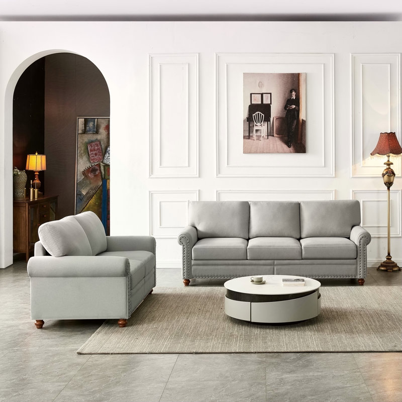 Canapé modulaire 2 + 3 en lin avec revêtement en tissu d'ameublement en lin (gris)