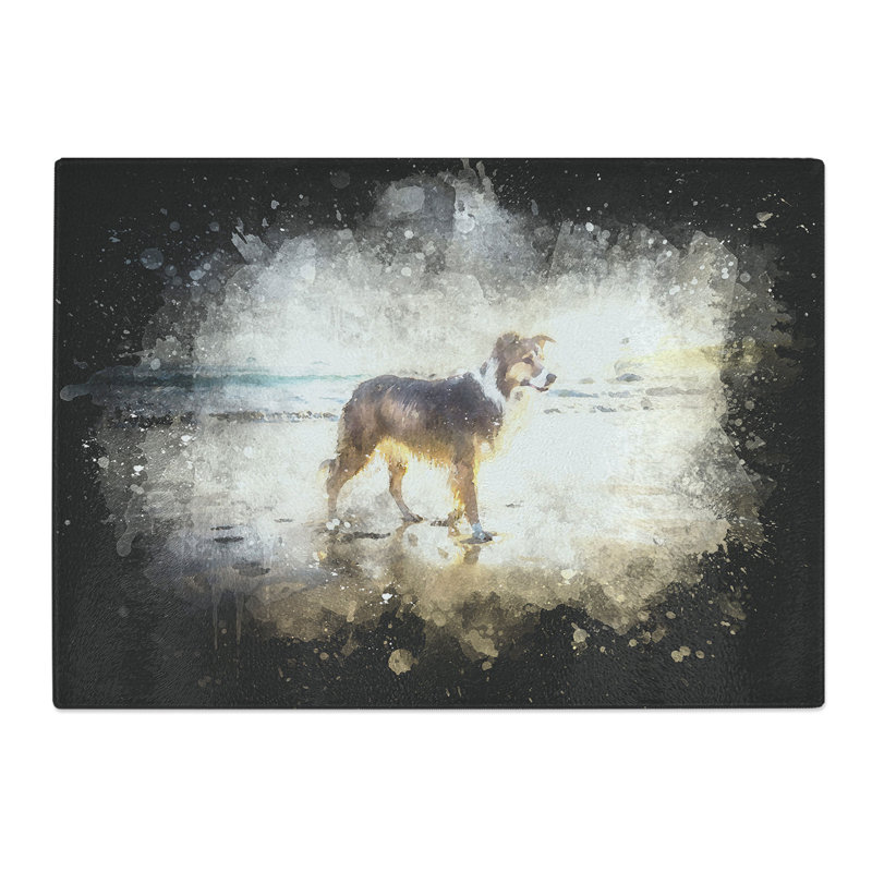 Tempered Glass Border Collie Dog at the Beach Chopping Board, 28.5 cm x 39 cm