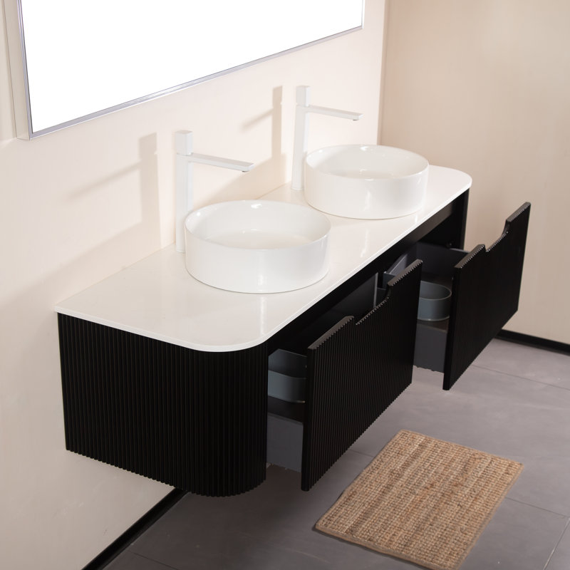 DINA 60" Bathroom Vanity&Sinks, Floating Curved Edges Striped Bathroom Storage Cabinet with 2 Drawers, 2 White Round Ceramic Basins&Carrara White Sintered Stone Countertop, Pre-assembled, Black Color 