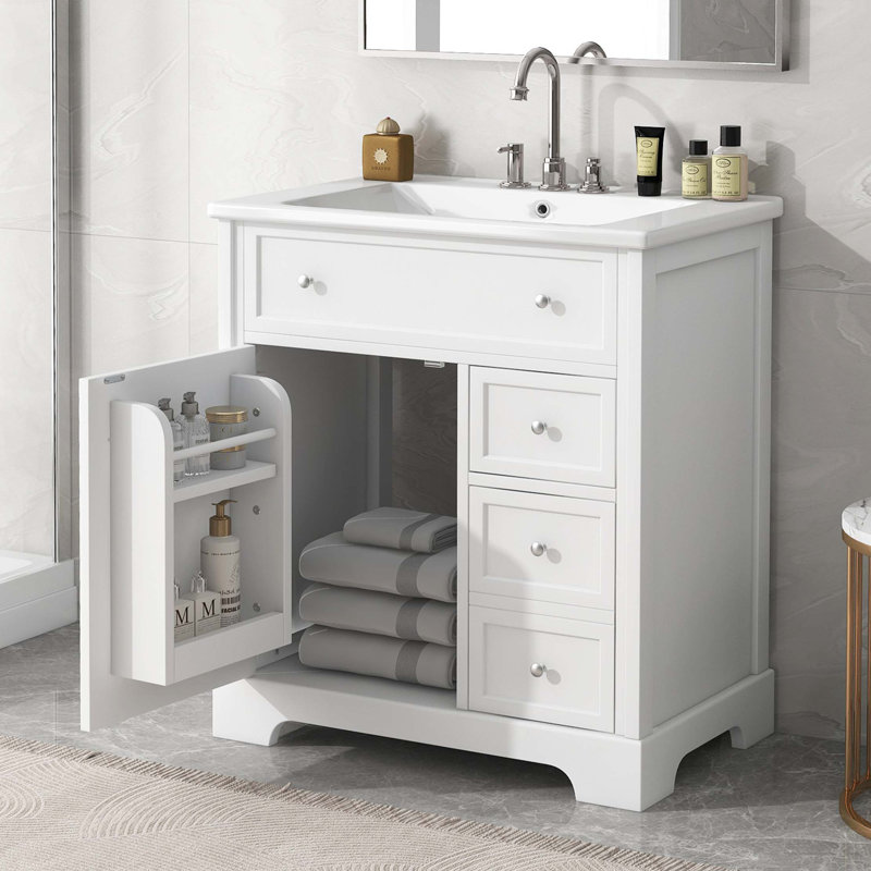 Meuble-lavabo 30 po avec comptoir d'évier, meuble-lavabo avec porte et deux tiroirs, planches en MDF, bois massif