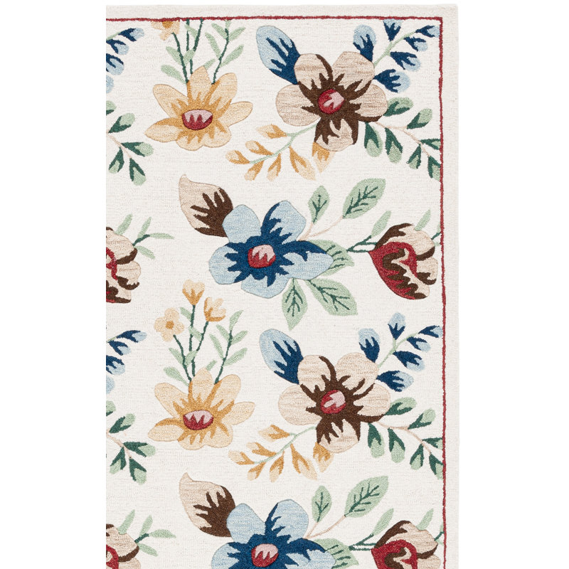 Tapis floral ivoire / bleu en laine / coton touffeté à la main Abbeygail, Rectangle 4 pi x 6 pi