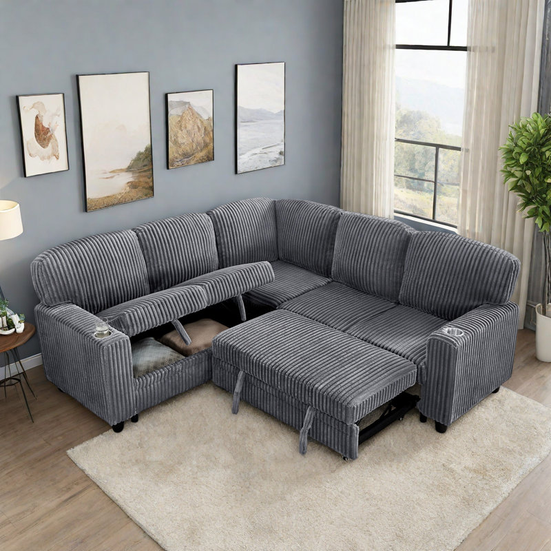 Canapé modulaire avec lit escamotable, rangement et chargement USB, Grey Corduroy