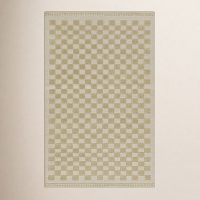 Azle Beige Tan Hand-Woven Checkered Wool Rug