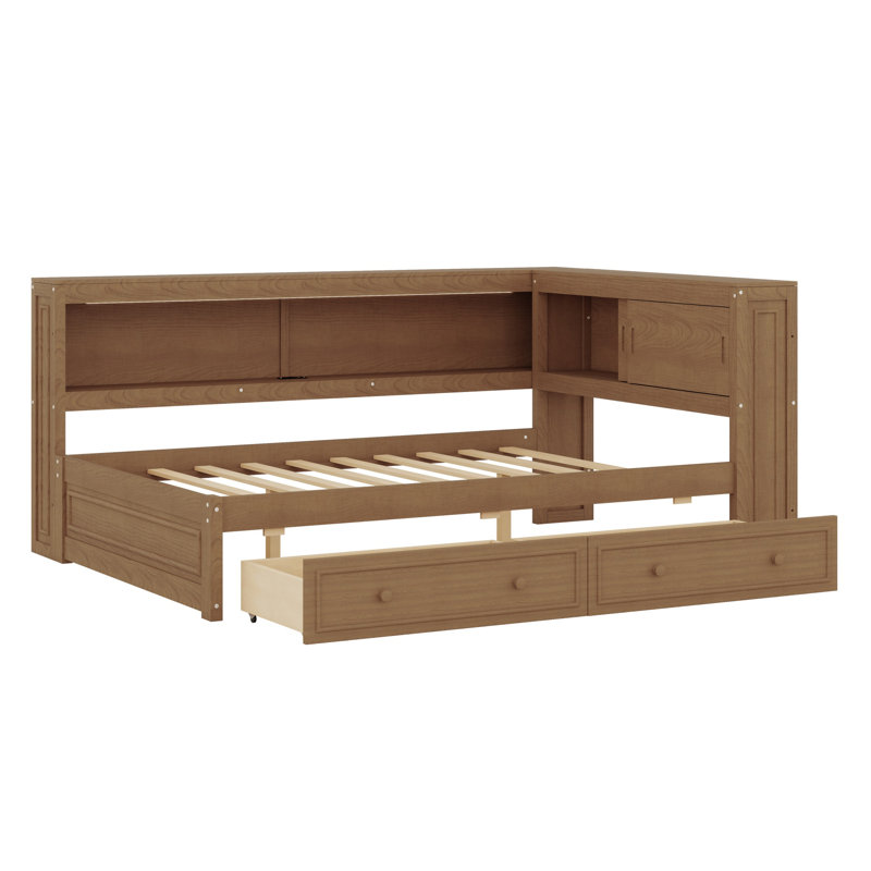 Multifunctional Daybed with Shelves, and Two Drawers, Antique Wood Color