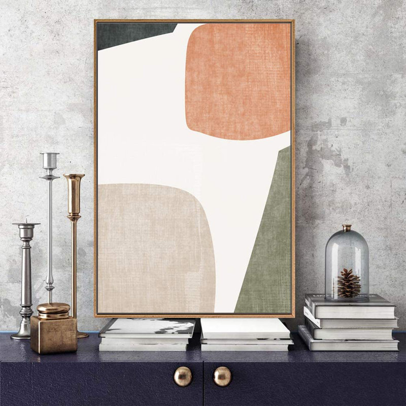Mid Century Shape "Muted Abstract Color Blocks Artwork, Vibrant Simple Neutral Modern Wall Pictures, Framed Canvas Giclee Print Wall Art"