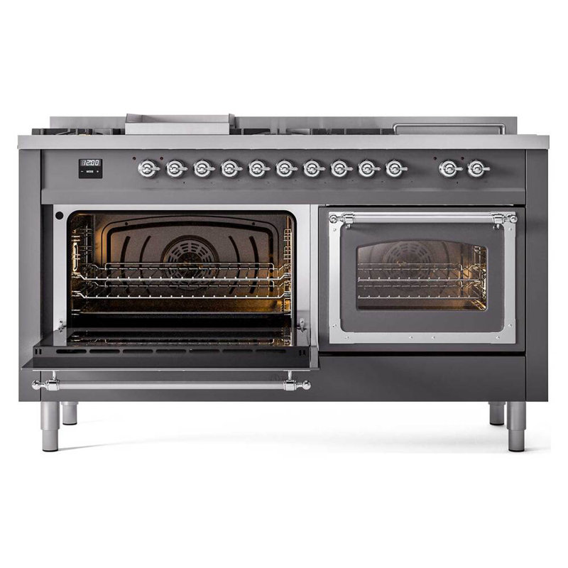 ILVE Nostalgie II Noblesse 60 in Dual Fuel Range 7 Burner, Griddle, Frenchtop, Graphite Matte/Chrome, Natural Gas