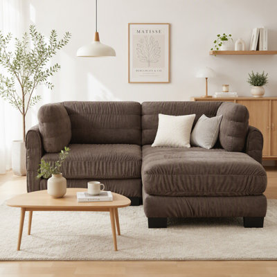 Canapé d'angle modulaire 2 places en chenille marron à détails froncés | Coussins de dossier épais en mousse haute densité | Pouf amovible | Montage facile | Parfait pour le salon et la chambre