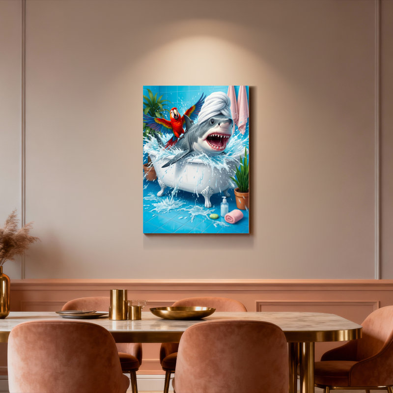 Ensemble de 1 tableau sur toile représentant un requin dans une baignoire avec un perroquet, H 40 po x l 28 po