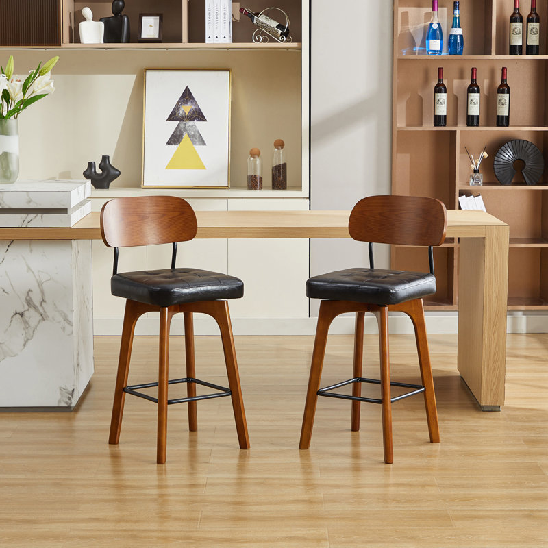 Tabouret de comptoir pivotant Ikhlas (ensemble de 2), Siège noir / cadre brun, 2