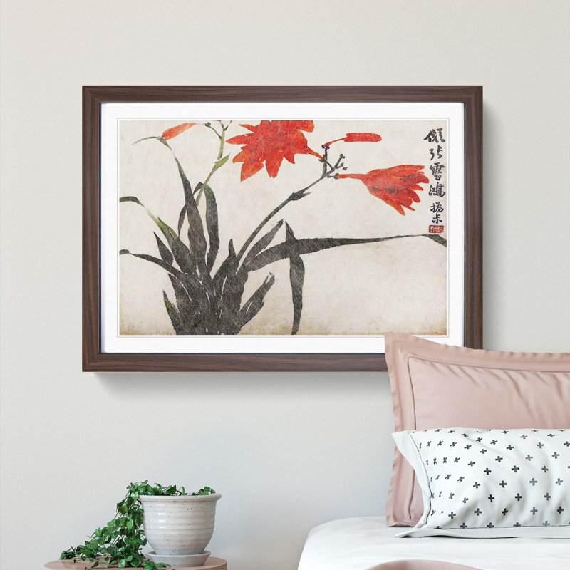 Orange Flowers by Zhao Zhiqian - Picture Frame Painting Print, 27cm H x 36cm W x 2cm D, Walnut Framed