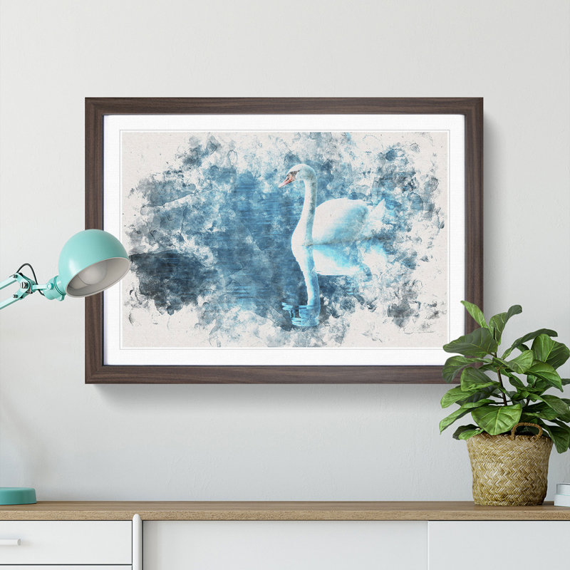 White Swan on a Blue Lake Watercolour - Picture Frame Graphic Art Print on MDF, 45cm H x 63cm W x 2cm D, Walnut Framed