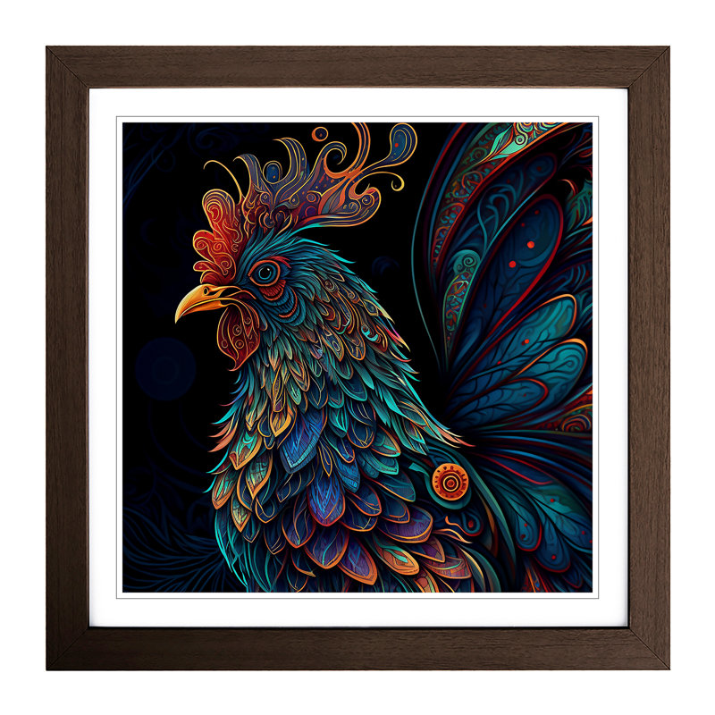 Rooster Paisley - Single Picture Frame Print on Wood, Walnut