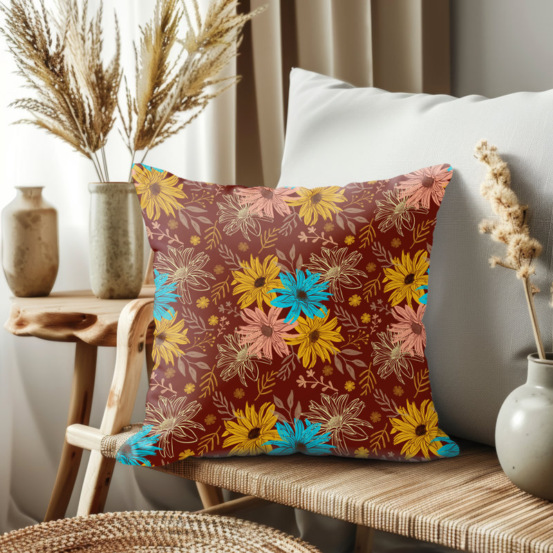 Housse de coussin, Floral jaune / brun, H 14 po x l 14 po