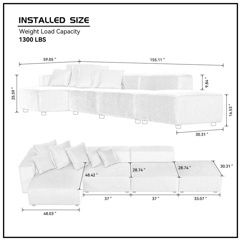 118"Soft Corduroy Modular L-Shaped Sectional Sofa Set - For Living Room, Apartment, Office Lounging & Entertaining