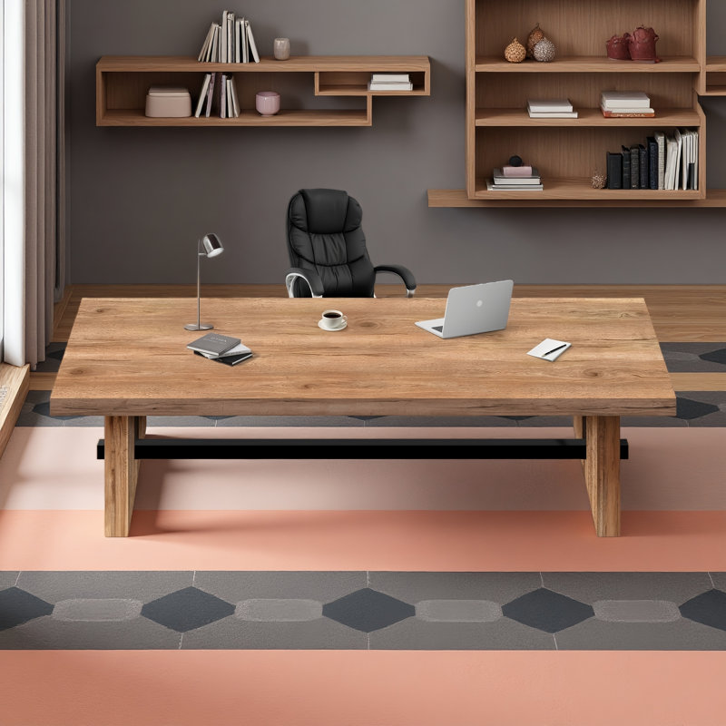 Modern-style compact solid wood executive desk set, rectangular manager desk set, includes contemporary black faux leather office chair