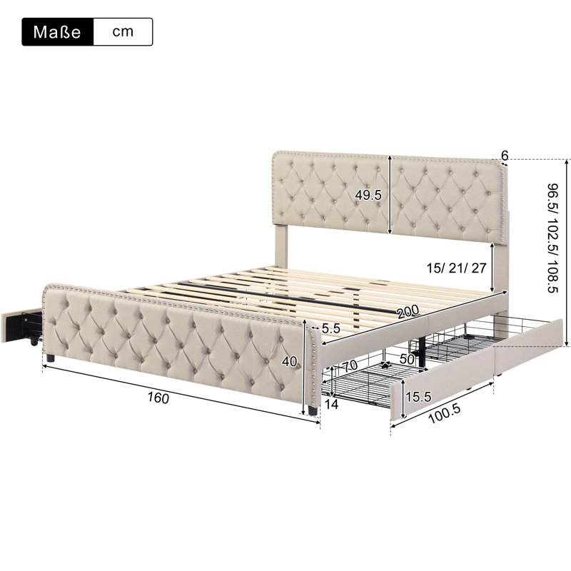 Farlow Upholstered Storage Bed, Beige, European Kingsize (160 x 200cm)