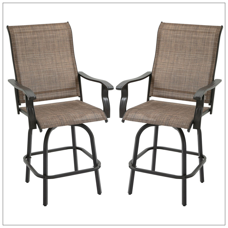 Ensemble de 2 tabourets de bar pivotants d'extérieur avec accoudoirs, chaises de patio à hauteur de bar avec cadre en acier pour balcon, bord de piscine, arrière-cour, brun