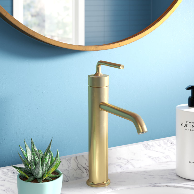 Purist Vessel Sink Bathroom Faucet with Drain Assembly, Vibrant Moderne Brushed Gold