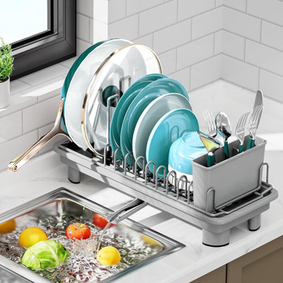 Space Saving, Compact Dish Drying Rack for Kitchen Counter with Removable Cutlery Holder