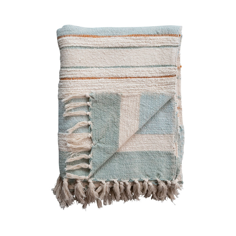 Blue and Cream Striped Cotton Throw with Fringe