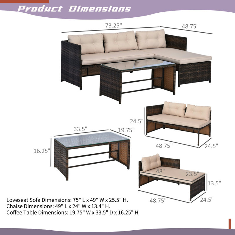 Outdoor Rattan Sofa Set with Cushions, Coffee Table & Chaise, 3-Piece Set