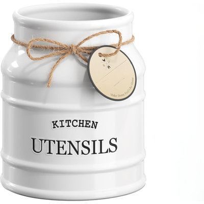 Ceramic Farmhouse Utensil Holder For Kitchen Counter, Large Rustic Utensil Crock, Countertop Cooking Tool Spatula Organizer, 6.75 (White)