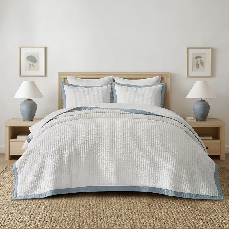 Ensemble de courtepointe Border Frame, Courtepointe pour lit grand + deux taies décorati, Lin bleu