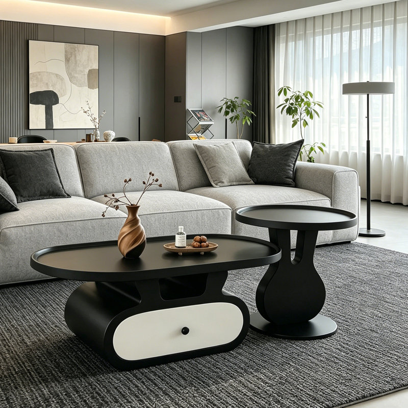 Oval Creative Rabbit-Ear Storage Coffee Table Set, 14.56" H x 47.24" L x 23.62" W, White/Black 