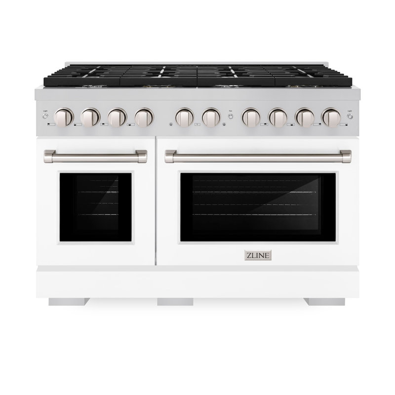 ZLINE 48 in. 6.7 cu. ft. Paramount Double Oven Dual Fuel Range W/ 8 Burner Gas Cooktop in Stainless Steel W/ White Matte Doors (SDR-WM-48)