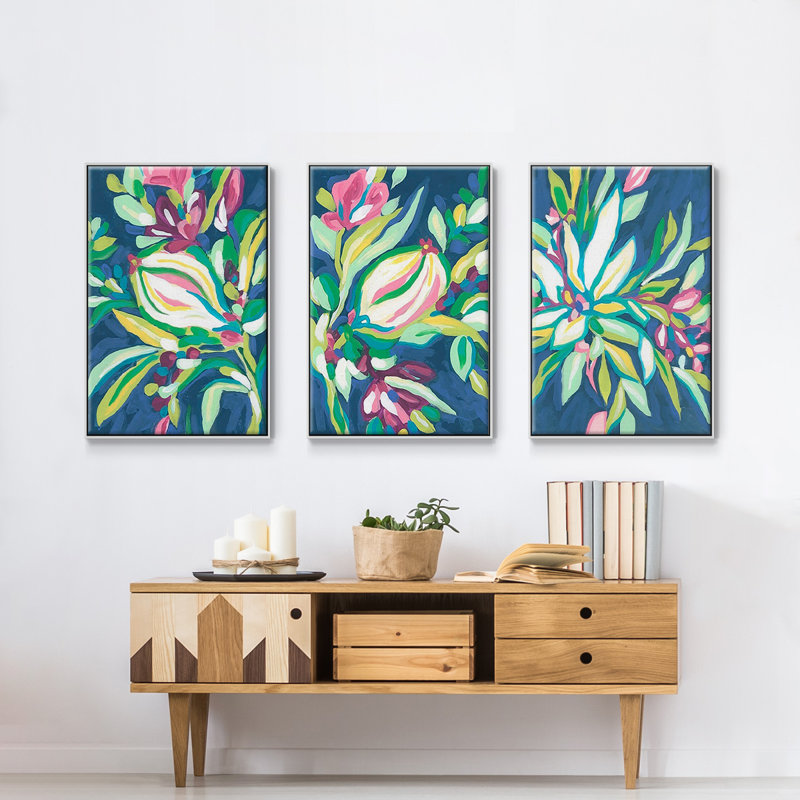 Blue Tropics I - ensemble de 3 reproductions sur toile, Blanc, H 40 po x l 90 po x P 2 po