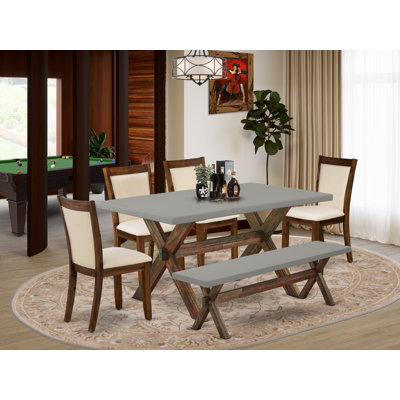 6 Piece Dining Set Contains a Rectangle Dining Room Table with X-Legs and 4 Light Beige Linen Fabric Parson Chairs with a Bench, Distressed Jacobean