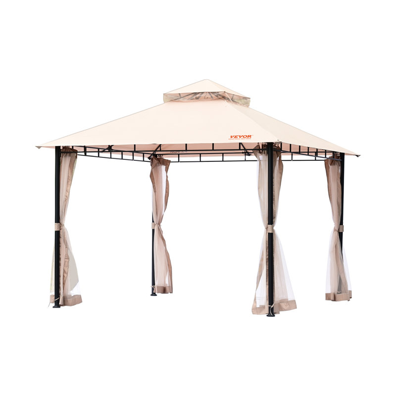 Beige Polyester 10x10 ft Patio Gazebo with Mosquito Net and Metal Frame