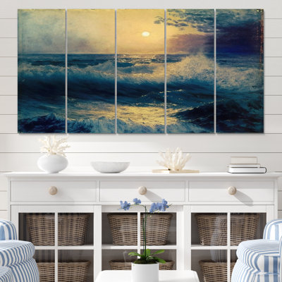 «Wild Ocean Waves Breaking In The Sunset III» - impression d'art mural vagues côtières - 5 panneaux égaux