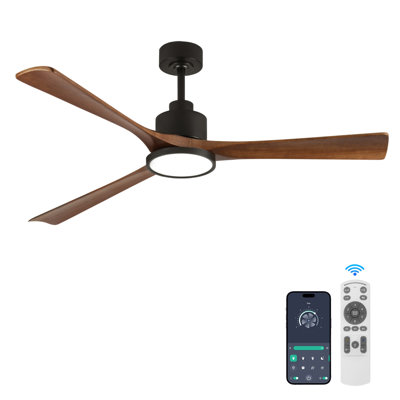 52 In. 3 - Blade Solid Wood Indoor Downrod Ceiling Fan with LED Light and Remote Control