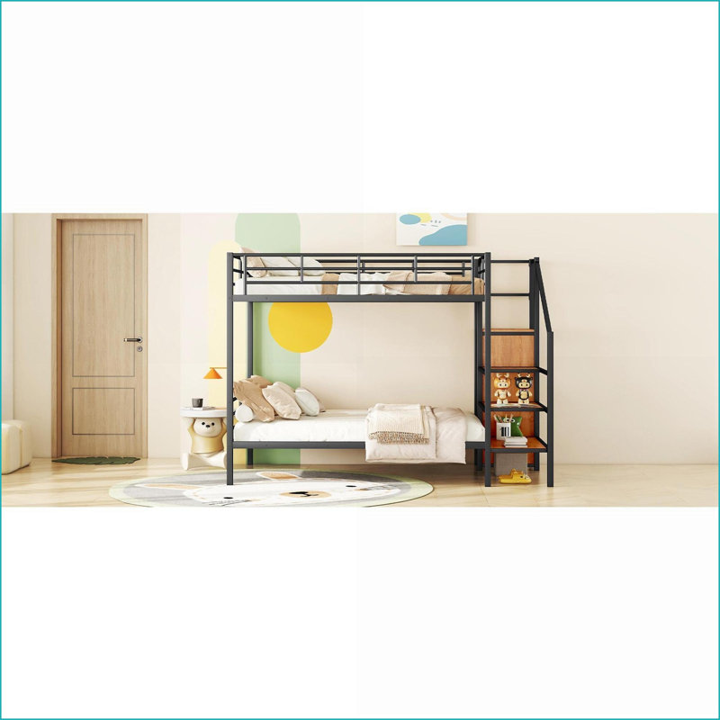 Lit superposé double au-dessus de double avec échelle de rangement latérale Garde-robe - Design noir pour économiser de l'espace