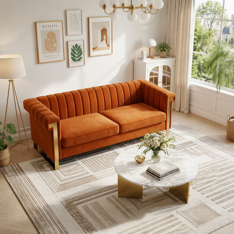 Canapé Chesterfield Mid-Century moderne en velours 3 places avec capitonnage à rainures verticales et accoudoirs et pieds en métal