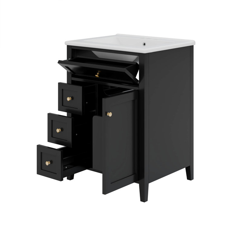 Meuble-lavabo 24 po avec lavabo supérieur, tiroirs et tiroir rabattable, tablette réglable, Noir et or